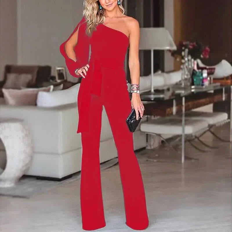 2024 Spring New Women's Single Shoulder High-waisted Belted Slimming Jumpsuit Amazon Cross-border Seller Sexy Smooth Silhouette.