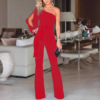 2024 Spring New Women's Single Shoulder High-waisted Belted Slimming Jumpsuit Amazon Cross-border Seller Sexy Smooth Silhouette.