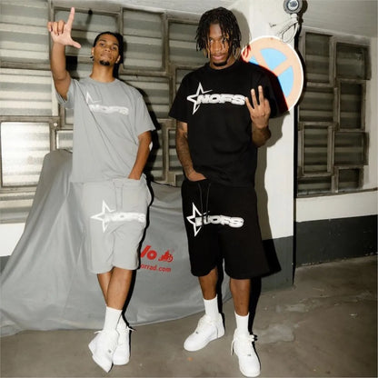 Y2K T-shirt Short Kpop Street Fashion Print Unisex Short Sleeve Tops Casual Loose Drawstring Shorts Pant Women Men Clothing Tees.