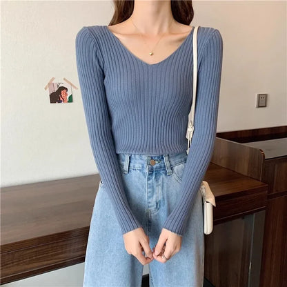 2025 einfarbig Schlank Pullover Koreanische Herbst Winter V-ausschnitt Pullover Mode Lässig Langarm Gestrickte Pullover Frauen Kleidung