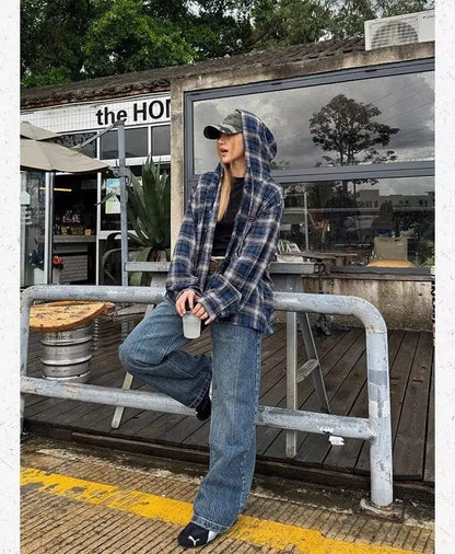 HOUZHOU Vintage Plaid Shirts Women Harajuku Long Sleeve American Style Drawstring Hooded Blouses Loose Casual Streetwear Spring.