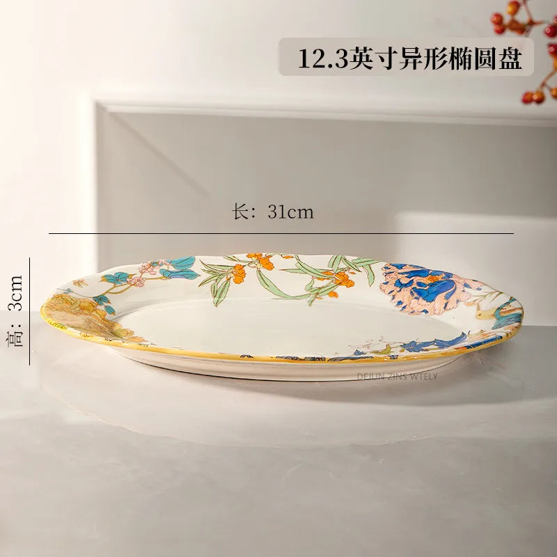1PC Chinese-style Ceramic Plates New Flower-patterned Dinner Plates Ceramic Fruit Salad Plates Exquisite Kitchen Accessories