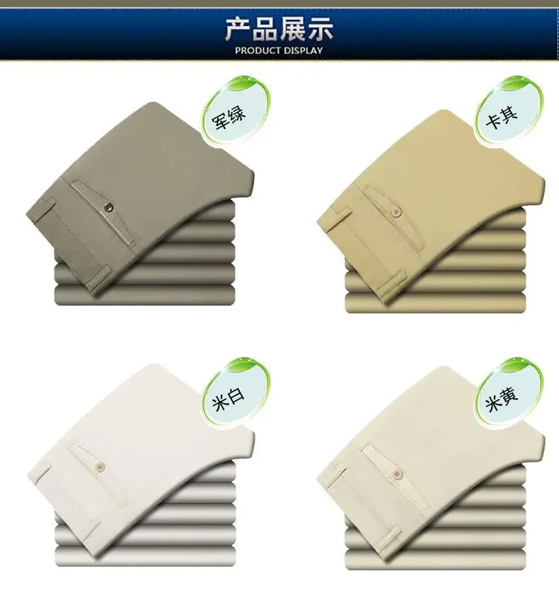 Smart Casual Pure Cotton Anti-Wrinkle High Waist Loose Baggy Straight Thicken Men Spring Autumn Solid Color Mid Casual Pants.