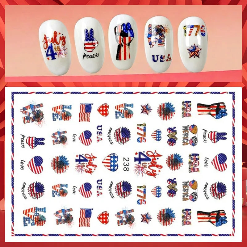 8Pcs/Set 3D USA Independence Day Nail Stickers America Flags Design Self-Adhesive Nail Art Decals DIY Manicure Decor Sliders &#.