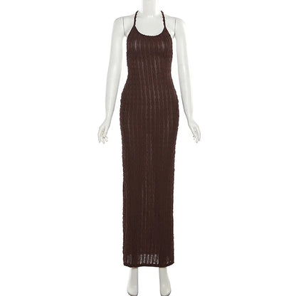 Sexy Streifen Rippen Stricken Schlank Bodycon Maxi Kleid Frauen Ärmellose Backless Lange Popcorn NDress Elegante Club Party Vestidos