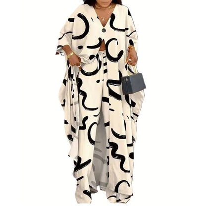 2023 Spring Summer New Women's V-neck Loose Long Sleeved Top Letter Printing Fashion Casual Open Front Women's Pants Set.