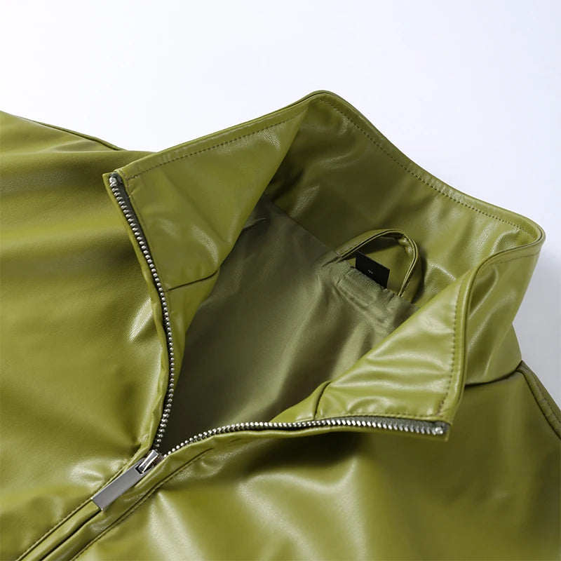 Stylish Leather Solid Jacket Pants Set Women Stand Collar Zipper Coat Loose Trousers Sets Female 2025 Autumn Fashion Streetwears.