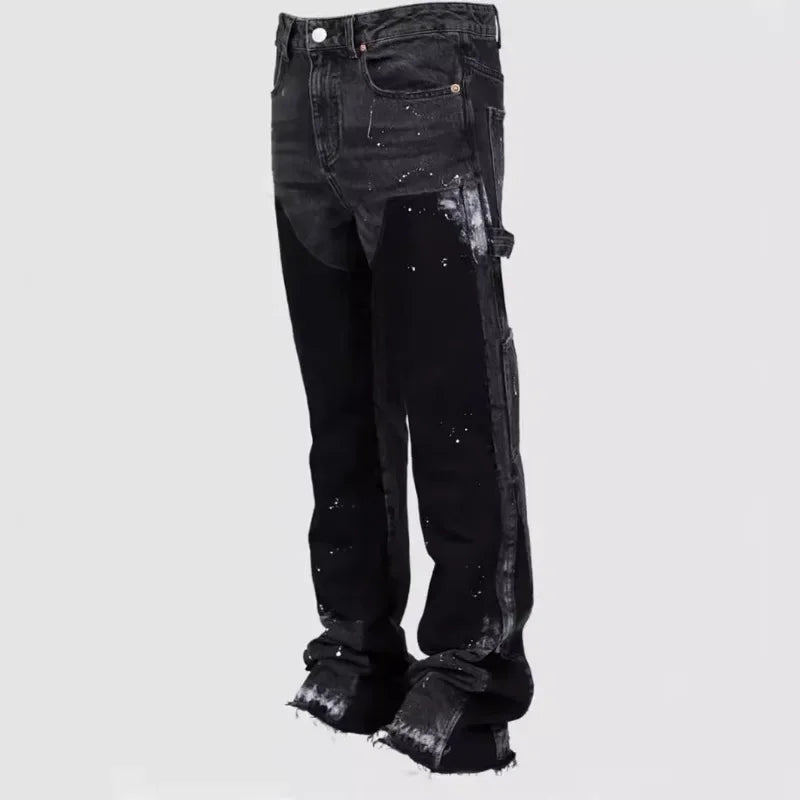 Y2k Jeans Men Painting Patch Baggy Stacked Jeans Fashion Work Wear Popular Stretch Patch Denim Stacked Flare Jeans Pants.