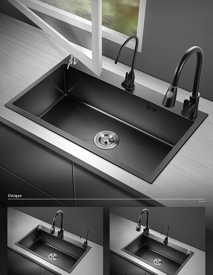 Stainless Steel Sink Kitchen Single Bowl Sink 50 x 45 cm Matte Black with Pipe & Soap Dispenser