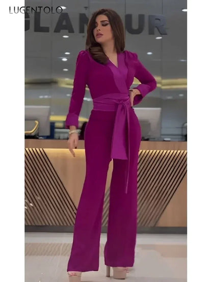 Women Sexy Jumpsuits Party Long Sleeve V-neck Prom New Lace-up Rose-red Spring Summer Lady Elegant High Waist Casual Trousers.