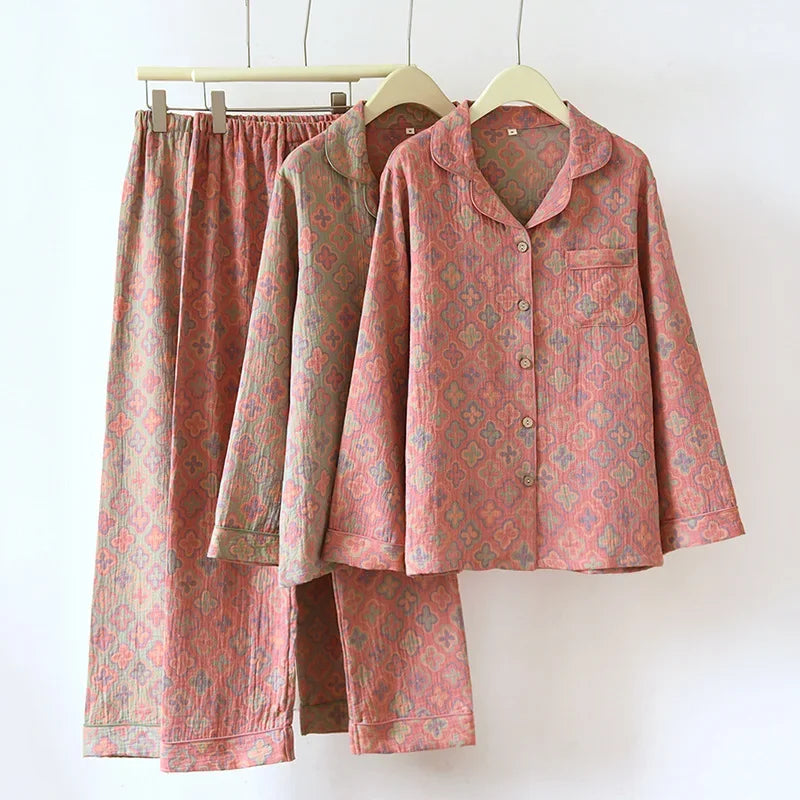 100% Cotton Crepe Homeclothes 2023 Autumn/Winter Women's Pajamas Suit Long-Sleeved Trousers 2-piece Yarn-Dyed Jacquard Pajamas.