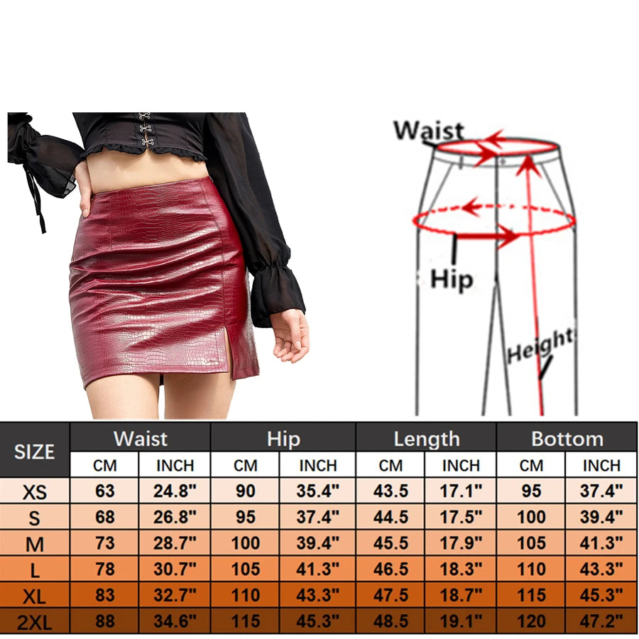 2025 Spring/summer Red Crocodile Pattern PU Skirt Ladies Slit Skirt Slim  Stretch Leather Skirts White Brown Black Green.