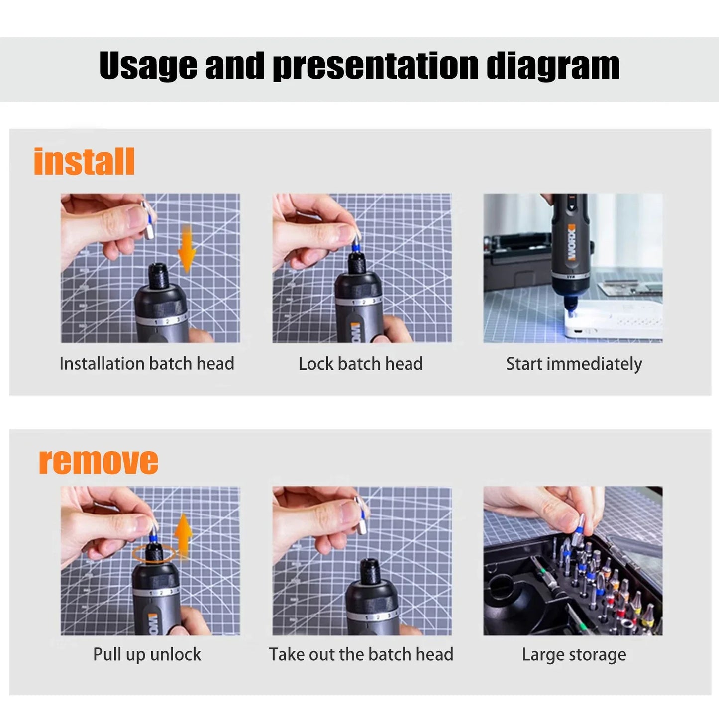 Worx WX242 Elektroschrauber-Set, intelligenter Akku-Bohrschrauber, Schraubendreher, USB-Ladegriff, 30-teiliges Set, Elektroschrauber