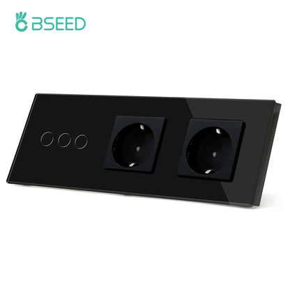BSEED 1/2/3Gang Touch-Schalter 1-Wege-Lichtschalter mit EU-Steckdosen USB Typ-C-Steckdosen Glasscheibe Schwarz