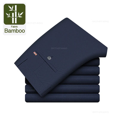 Bamboo Fiber Fabric Men's Casual Pants Summer New Ultra-thin Elastic Soft Straight Business Trousers Classic Black Khaki Gray