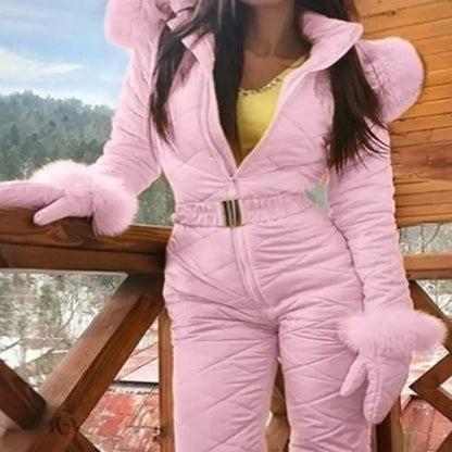 2025 Women Ski Jumpsuit Warm Snowsuit Winter Women's Snowsuit with Gloves Hood Windproof Ski Outfit with Elastic Waist Zipper fo.