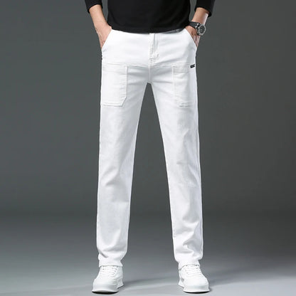 Spring and Autumn Men's Multi-Pocket Design Jeans Fashionable and Versatile White Khaki Red Comfortable Stretch Denim Pants.