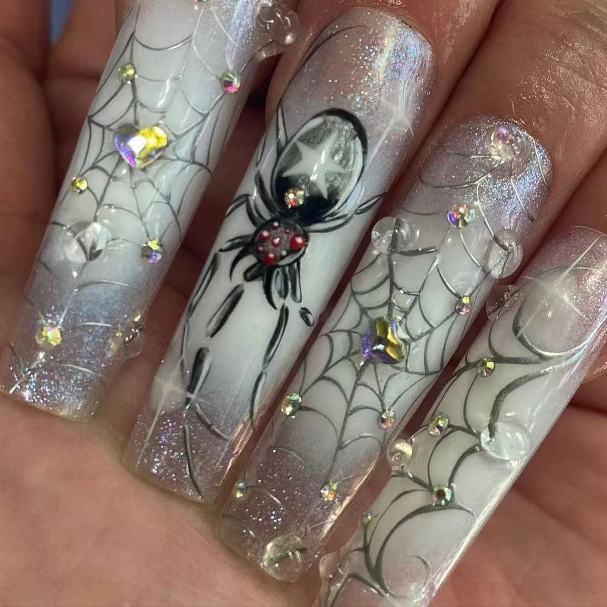 24pcs Sliver Spider Design Fake Nail Halloween Gothic Punk False Nail Tips Wearable European Heavy Metal Almond Press on Nails.