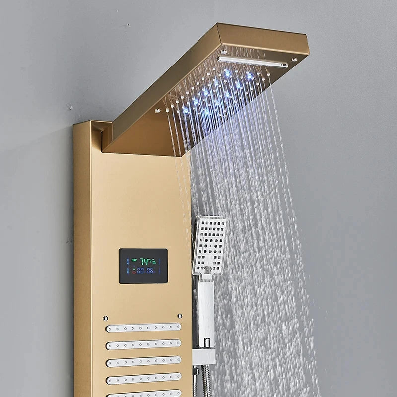 Golden Shower Panel LED Light Bathroom Bath Shower Column Tower Digital Screen Waterfall Rain shower Mixers Rotate Massage Jets