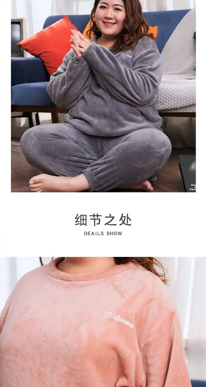 Winter Pajamas Coral Fleece Warm Pajamas Set Thick Long Sleeve Large Size 85kg Outside Pajamas Elastic Waist Trousers Pajama Set.