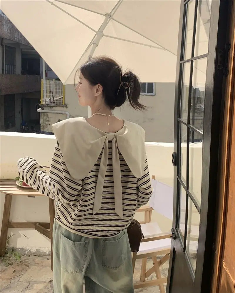 Oversized New Women Clothing Korean Patchwork Peter Pan Collar Sweatshirts Female Casual Striped Long Sleeve Loose T-Shirts Tops.