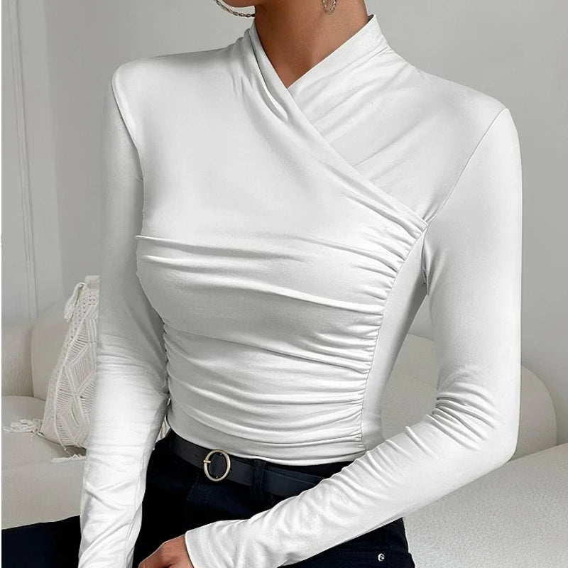 Sexy Elegant Fall Winter Long Sleeve Cross Pleated Pullover Women's Modal Solid Color Irregular Tops Street Daily Versatile Tees.