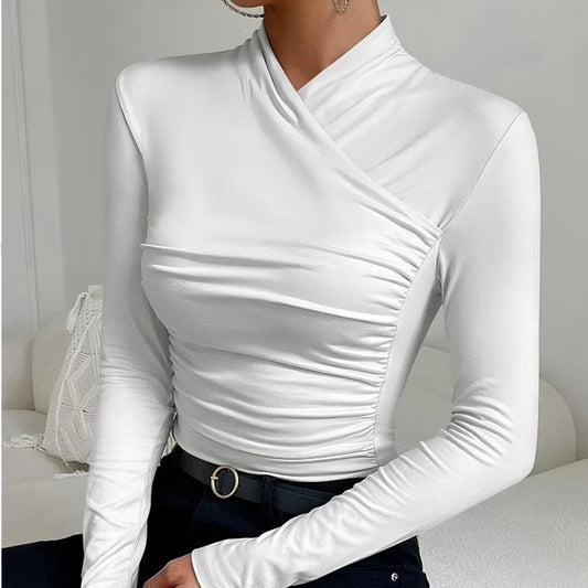 Sexy Elegant Fall Winter Long Sleeve Cross Pleated Pullover Women's Modal Solid Color Irregular Tops Street Daily Versatile Tees.