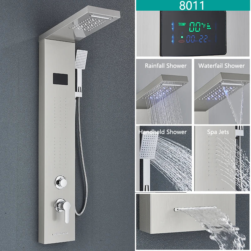 Bathroom LED Light Rain Waterfall Shower Panel Faucet Body Massage Jets Shower Faucet Stainless Steel Tub Spout Shower Column