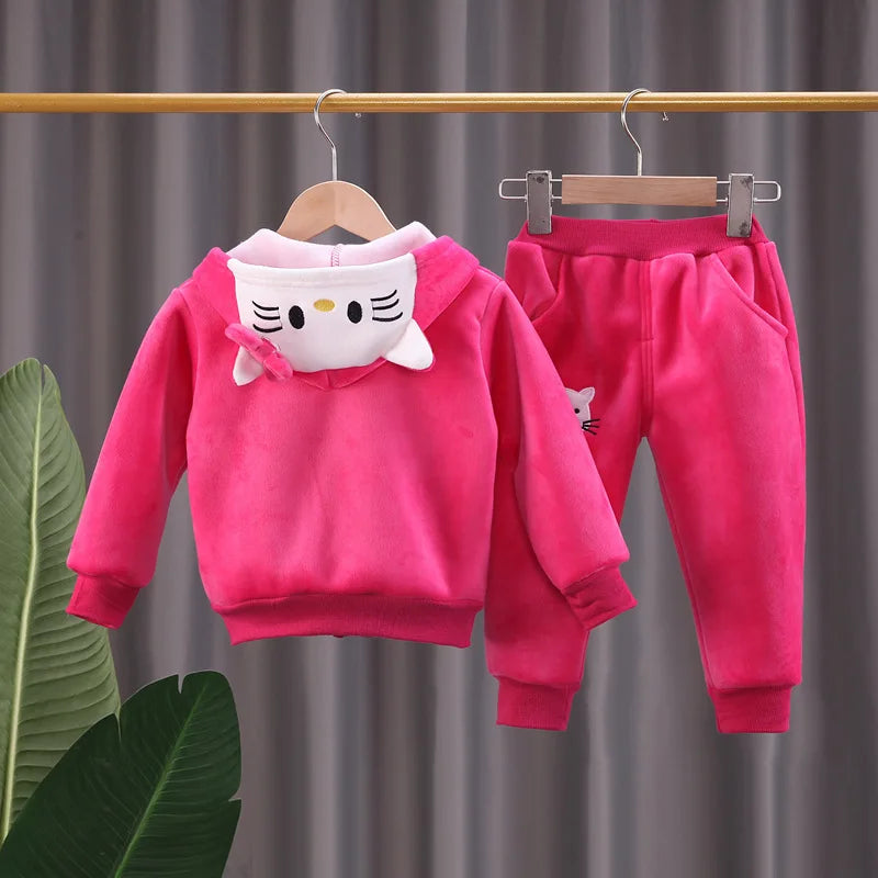 2025 new girl plus velvet sleeve winter warm and thick cartoon hat-connected top+pants two-piece 0-4-year-old children's set.