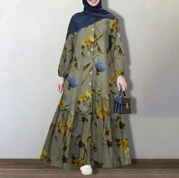 Muslim Women Abayat Cotton Linen Long Sleeve Abaya Femme Fashion Loose Casual Floral  Dress Europe America Middle East Arab.