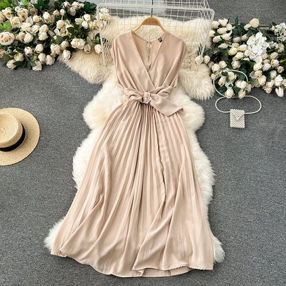 Französisch Vintage elegante Plissee Vneck Kleid A-Linie Mode Chiffon Frühling Herbst ärmellose Vestidos Frauen kleider.