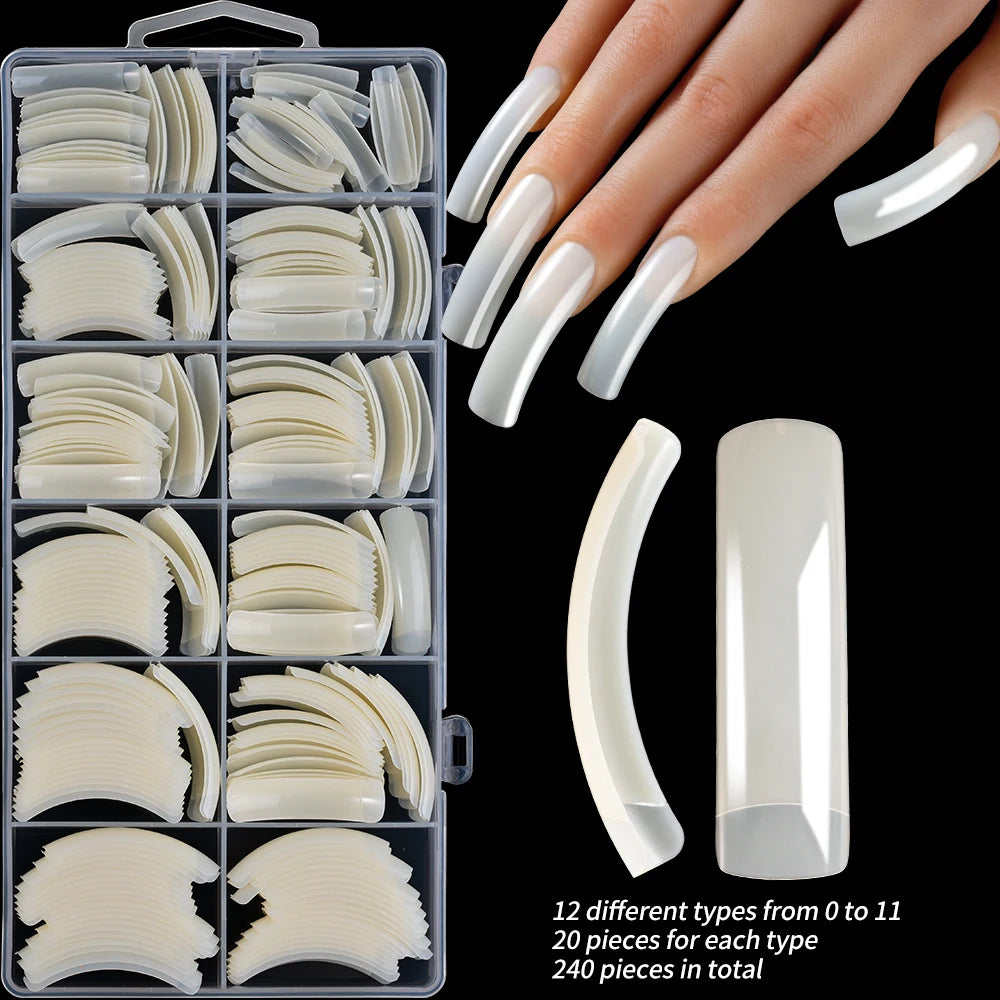 240Pcs/Box Extra Long Bend False Nails 12-Sizes Full Cover Press On Nail Clear/White/Black Building Extension Fake Fingertips *&.
