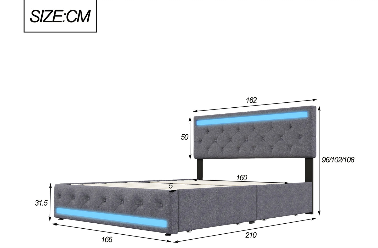Comanlai 140 x 200 cm/160 x 200 cm/180 x 200 cm Doppelbett mit LED-Licht und 4 Schubladen, gepolstertes Bett mit USB-Ladeanschluss, Leinen