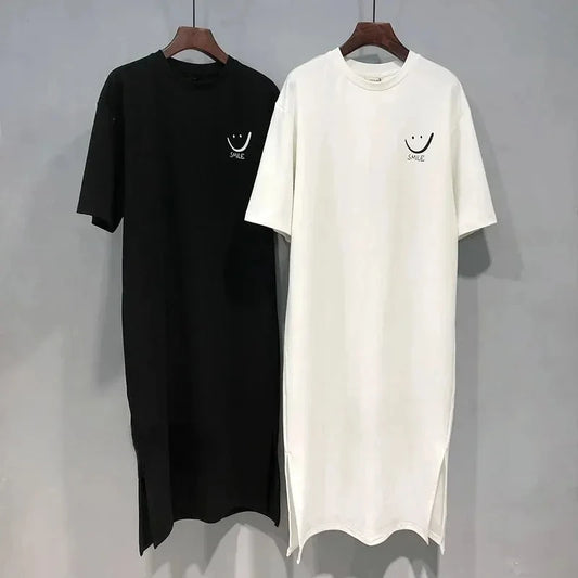 Frauen Sommer Neue Kurzarm T-shirt Kleid Lose Mittlere Länge Über Knie Kleid
