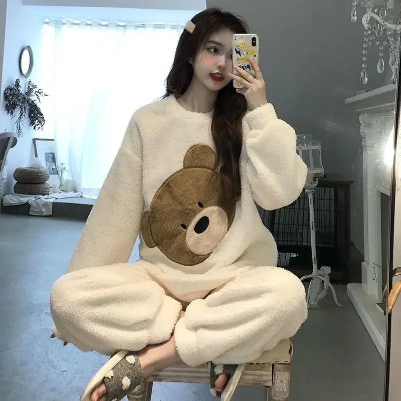 Thickened Warm Women Winter Two Pieces Set Flannel Homewear Pajamas O-Neck Loose Cute Cartoon Bear Ladies Sleepwear Loungewear.