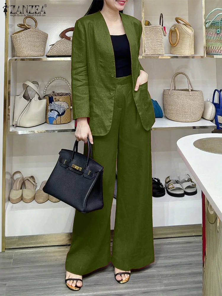 ZANZEA Autumn Fashion 2 Pieces Sets Women V-Neck Long Sleeve Blazer & Wide Leg Pants 2pcs Suits Office Commuting Solid Pant Sets