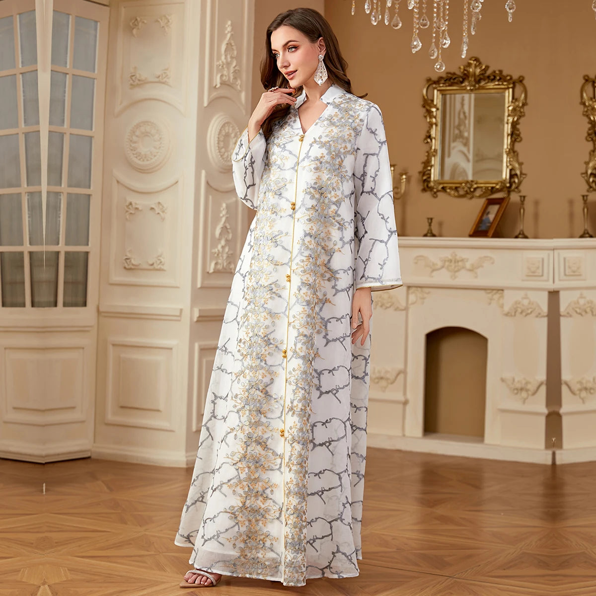 Uni Ramadan Dubai Woman’s Abayas Embroidered Sequin Floral Patter V-Neck Elegant Casual Kebaya Muslim Moroccan Long Dress.