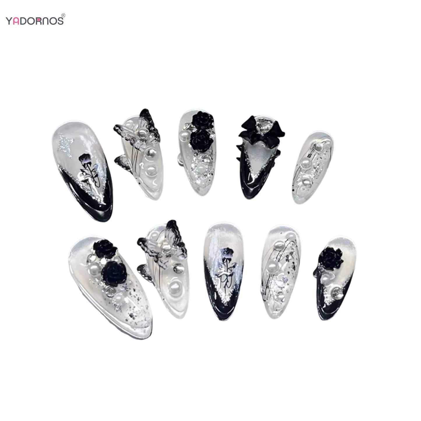 White Ballet Fake Nail Handmade Black French Style Press on Nails Rose Flower Butterfly Bowknot Design Wearable False Nails Tips.