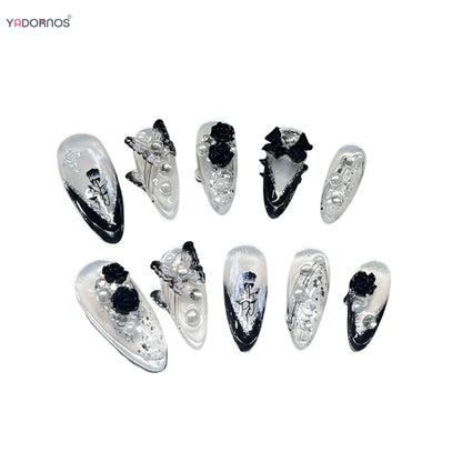 White Ballet Fake Nail Handmade Black French Style Press on Nails Rose Flower Butterfly Bowknot Design Wearable False Nails Tips.