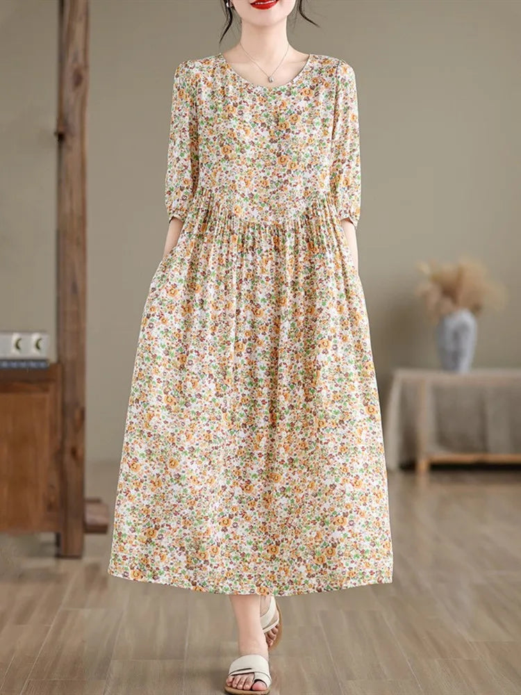 Kurzarm übergroße Baumwolle Satin Vintage Blumen neu in Kleidern für Frauen lässig lose lange Sommerkleid elegante Kleidung.