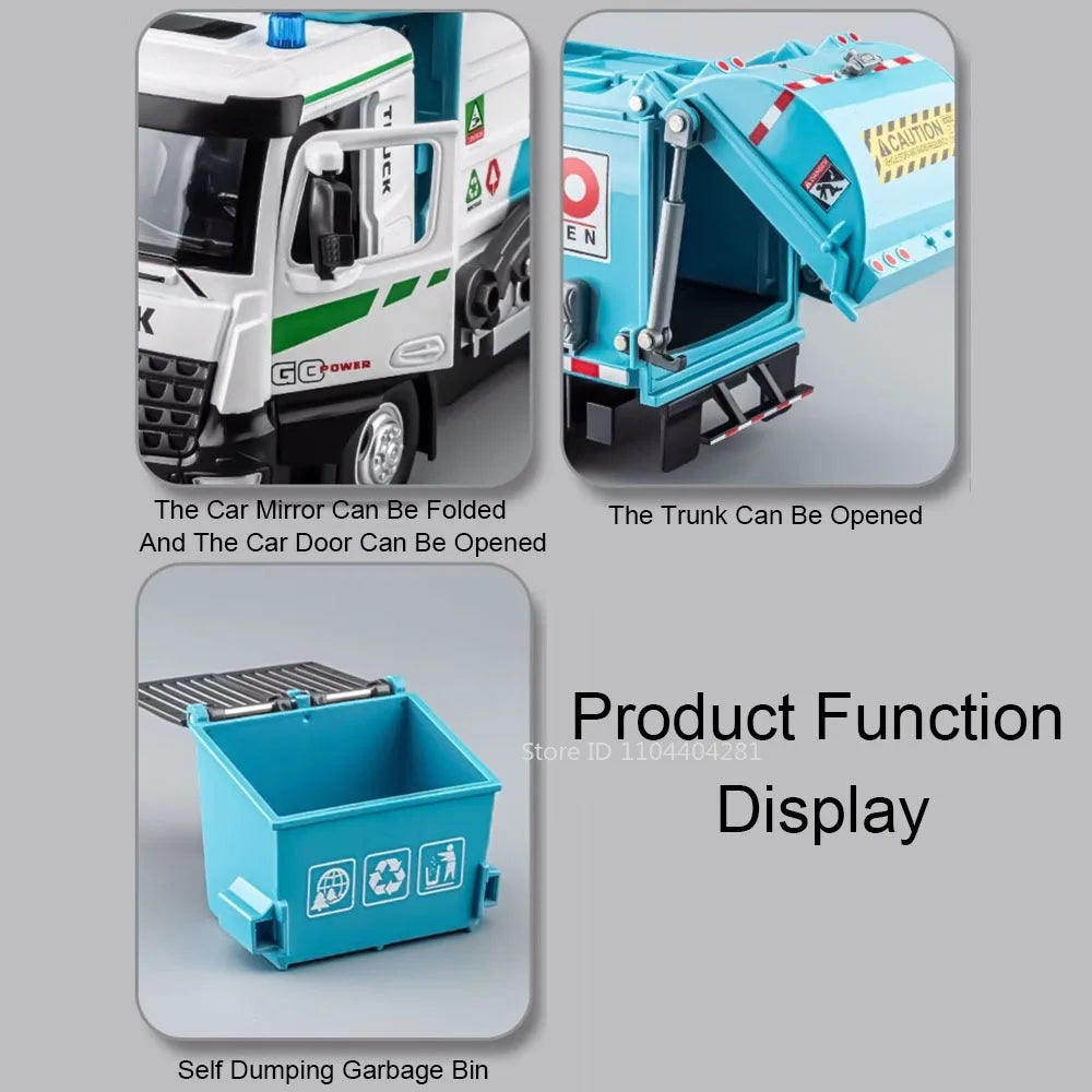 1:18 Electric Sanitation Garbage Truck Toy Cars Model Alloy Water Tanker Diecast Light Sound Vehicle Children's Educational Toys.