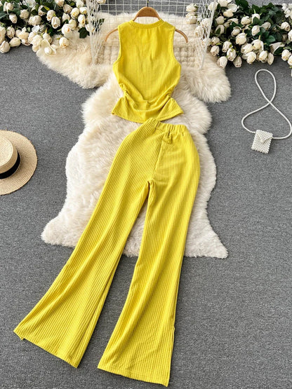 Korean Suits Women's Two Piece Set Summer Slim Fit Sleeveless O-neck Tops High Waist Slits Trousers Two-piece Suit Female D1109.