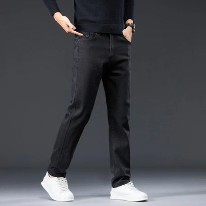 Male Brand Jeans Clothing Light Luxury Stretch Looes Fit Pants Comfortable Soft Business Fashion Straight Casual Denim Trousers.