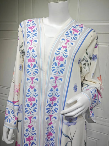 Muslim Women Dubai Abaya Luxury Floral Print Kimono Cardigan Hijab Long Dress Kaftan Ramadan Robe Femme Islam Clothing Kebaya.