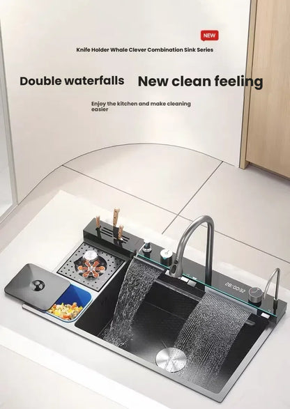 Large Single Slot Waterfall Stainless Steel Kitchen Sink With a Knife Holder and Trash Can Household Vegetable Washer Basin