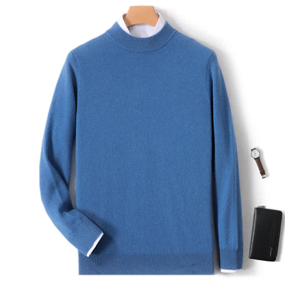 100% Pure Merino Wool Men's Semi High Neck Pullover Solid Color Plus Size Casual Sweater Autumn And Winter Sports Cashmere Top.