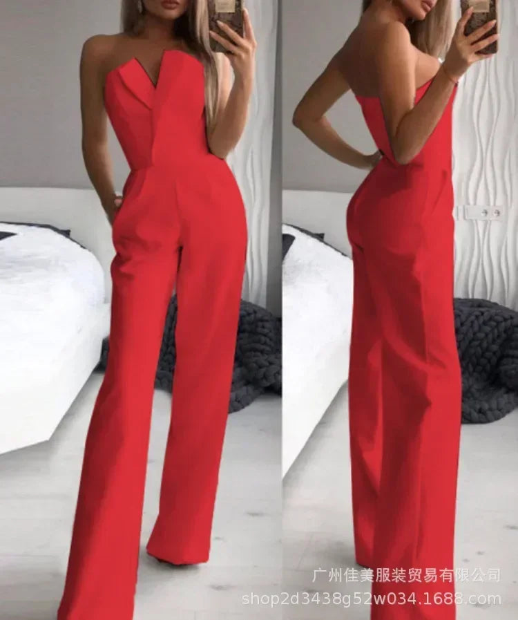 2025 Women's Elegant Jumpsuits Solid Off Shoulder Sexy Club Jumpsuit Female Sleeveless High Waist Slim Wide Leg Jumpsuit Pants.