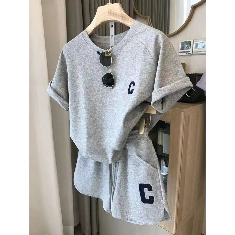 2-teiliges Set für Damen, Sommer, lockeres Kurzarm-T-Shirt, lässige Shorts, Sportdruck, Brief, Freizeitanzug, große Größe, kurzes Pyjama-Set