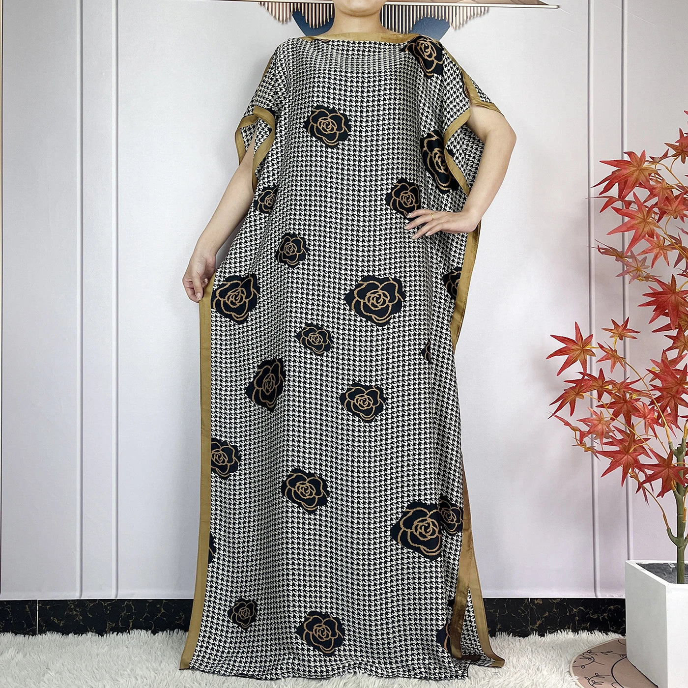2024 New Dubai Summer Fashion For Women Printed Silk Soft Loose Femme Robe African Islam Maxi Woman Casual Dresses With Turban
