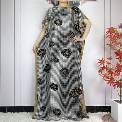 2024 New Dubai Summer Fashion For Women Printed Silk Soft Loose Femme Robe African Islam Maxi Woman Casual Dresses With Turban